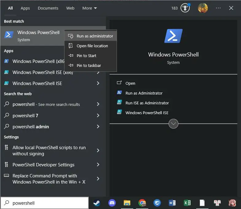 Chạy Powershell Run as Administrator Mở Powershell quyền Admin để kích hoạt Win