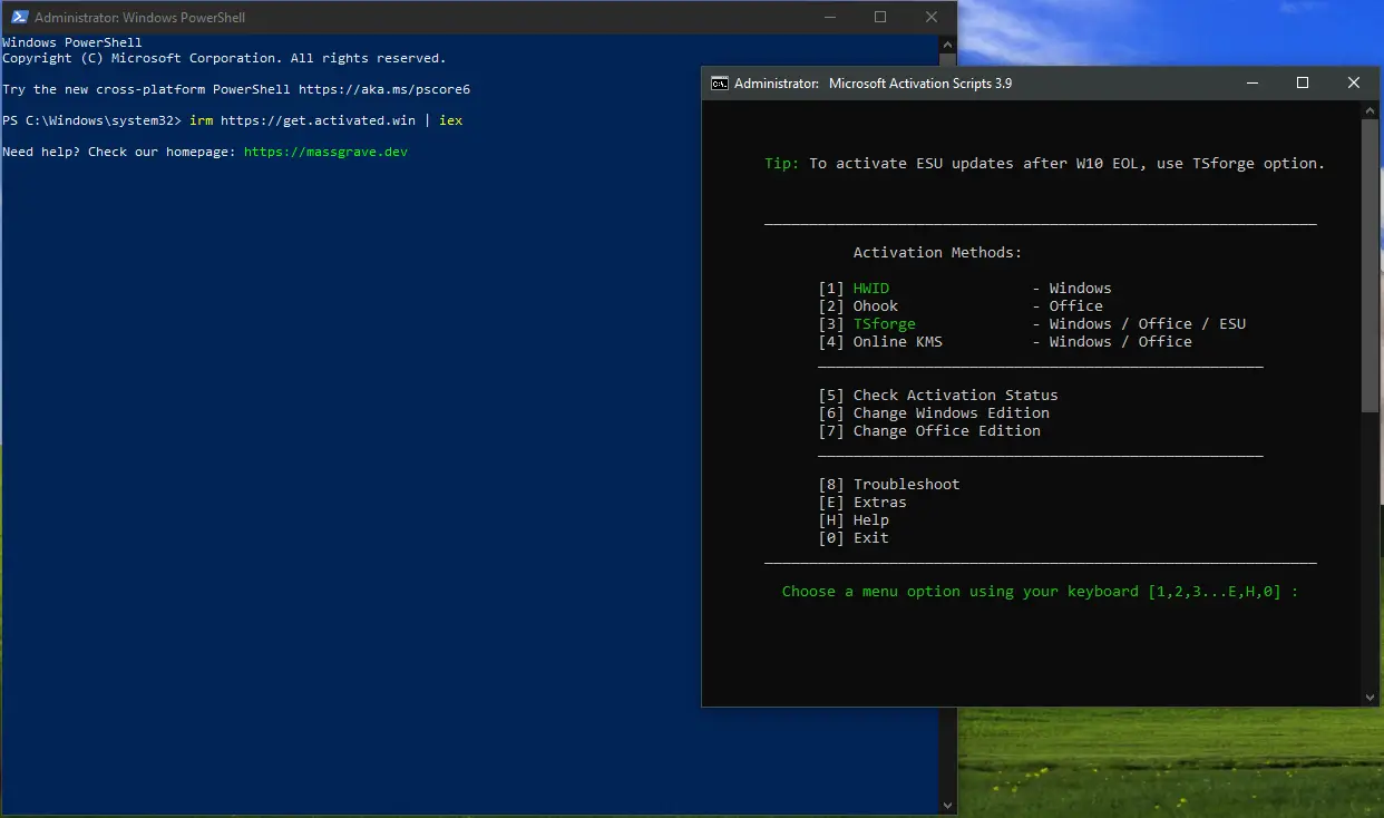 Menu chọn kích hoạt Bảng chọn Massgrave kích hoạt Windows Office