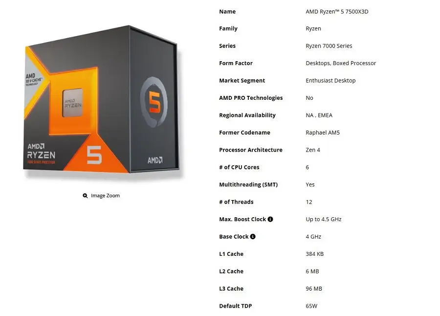 Thông số kỹ thuật Ryzen 5 7500X3D Thông số kỹ thuật Ryzen 5 7500X3D