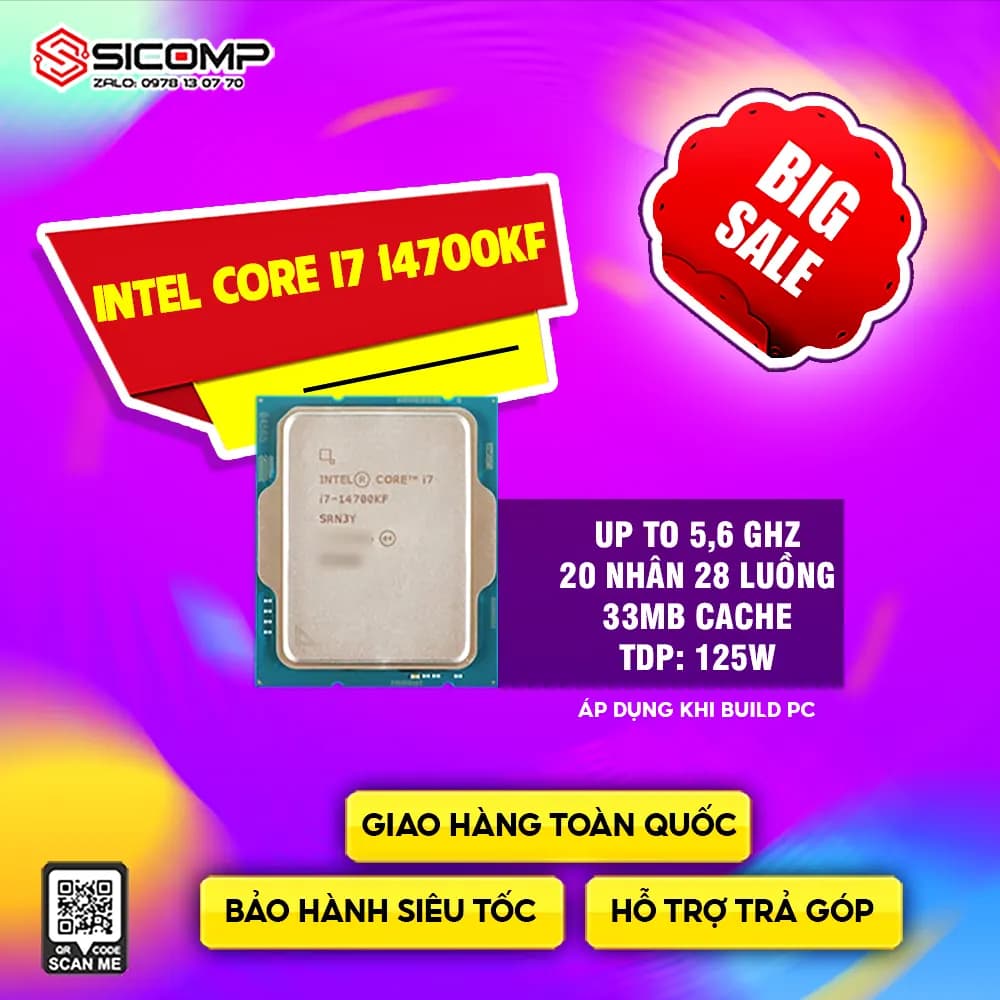 CPU INTEL CORE I7-14700KF TRAY (UP TO 5.6GHZ, 20 NHÂN 28 LUỒNG, 33MB CACHE, 125W) - FULL VAT