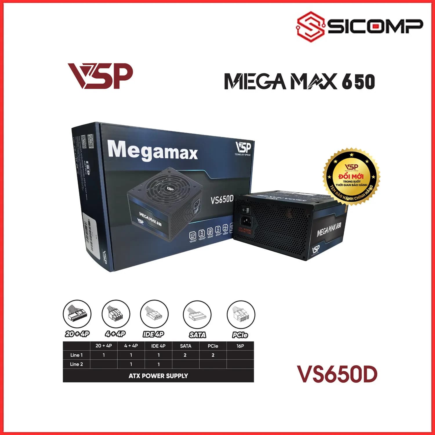 NGUỒN VSP MEGAMAX VS650D (650W/ 80 PLUS BRONZE/ ATX/ ĐEN) (DC TO DC)