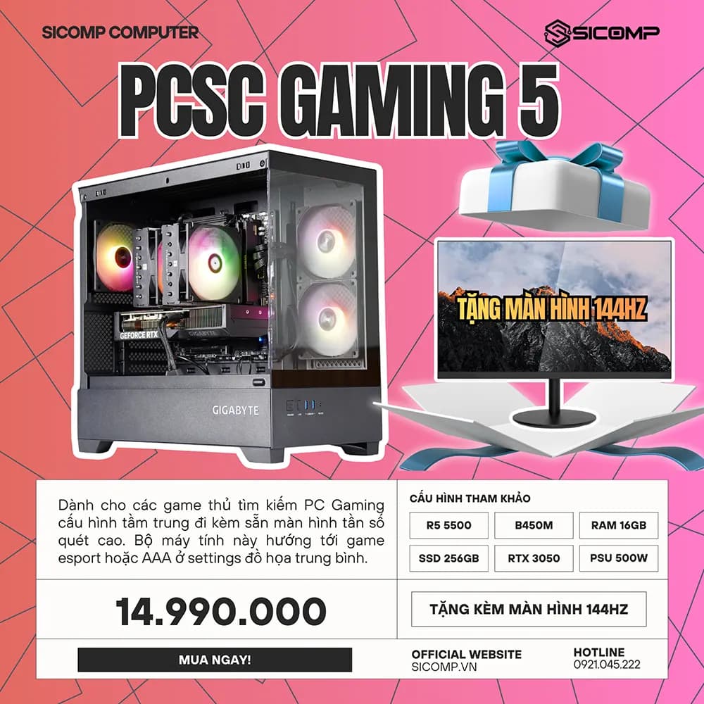 PCSC GAMING 5 (R5 5500 - RTX 3050 - 16GB RAM - SSD 500GB - PSU 650W) - TẶNG MÀN HÌNH 144Hz