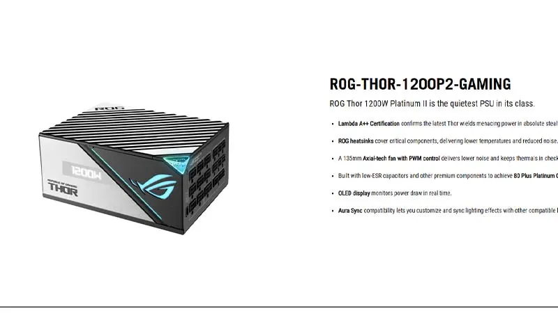 NGUỒN ASUS ROG THOR 1200P2 GAMING PLATINUM - 1200W (MÀU ĐEN/80 PLUS PLATINUM / FULL MODULAR)