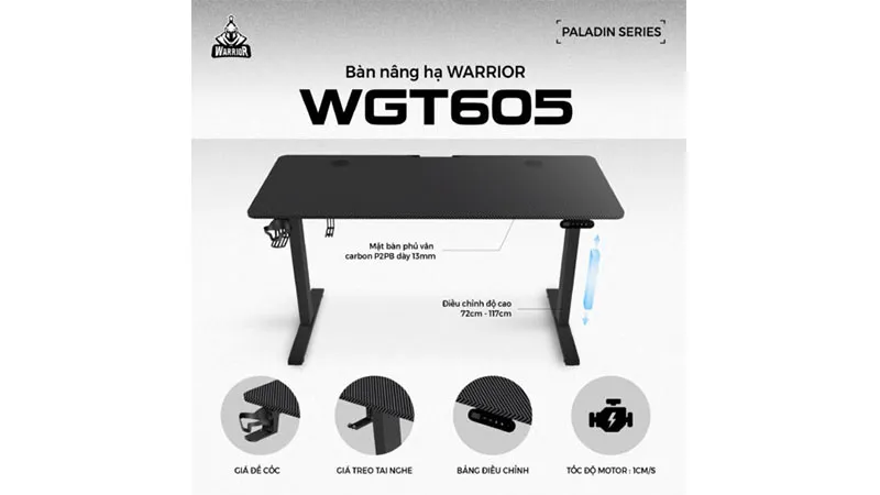 Bàn gaming nâng hạ Warrior Paladin WGT605 Black