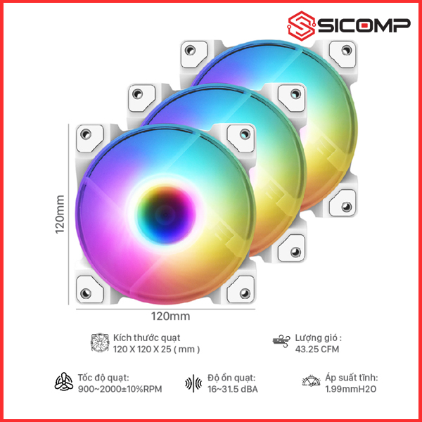FAN CASE ID COOLING DF-12025-ARGB TRIO SNOW 3PCS PACK, Picture 2
