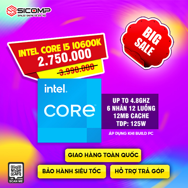 CPU INTEL CORE I5-10600K (4.1GHZ TURBO UP TO 4.8GHZ, 6 NHÂN 12 LUỒNG, 12MB CACHE, 125W) - SOCKET INTEL LGA 1200, Picture 1