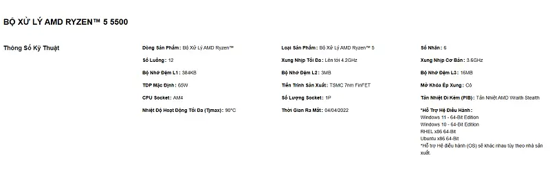 Specs Ryzen 5 5500 Thông số kỹ thuật Ryzen 5 5500