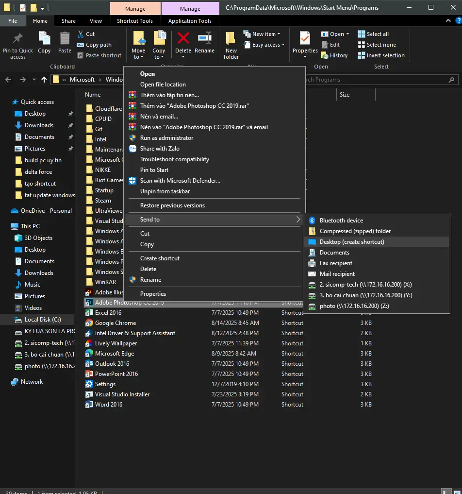 Chuột phải > Send to > Desktop (create shortcut).