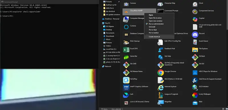 Tìm ứng dụng > Chuột phải > Create shortcut.