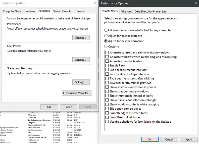 Tắt các hiệu ứng trên Windows