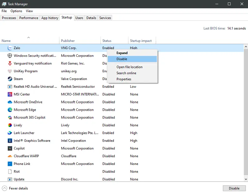 Vô hiệu các chương trình khởi động cùng máy tính