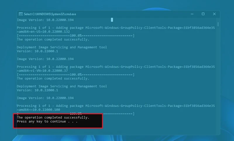 The operation completed successfully
