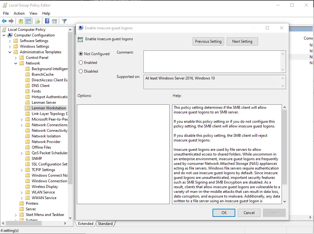 Enable Insecure Guest Logons