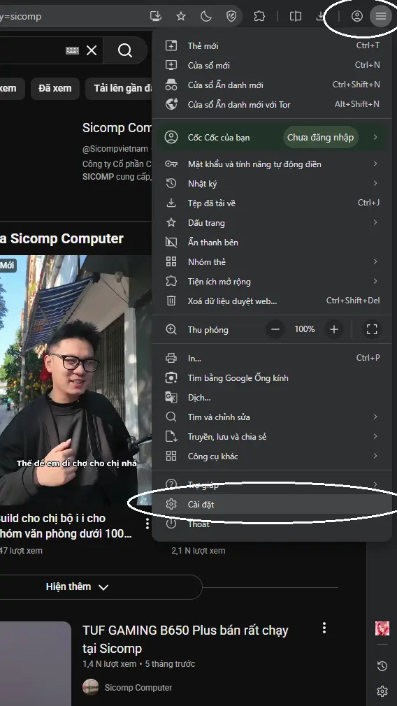 Vào phần cài đặt trình duyệt Cốc Cốc