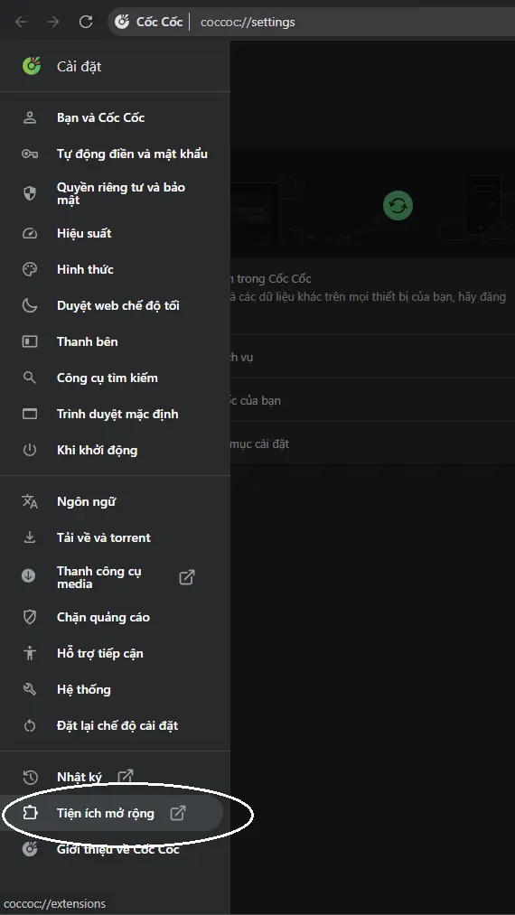 Quản lý tiện ích mở rộng trên Cốc Cốc