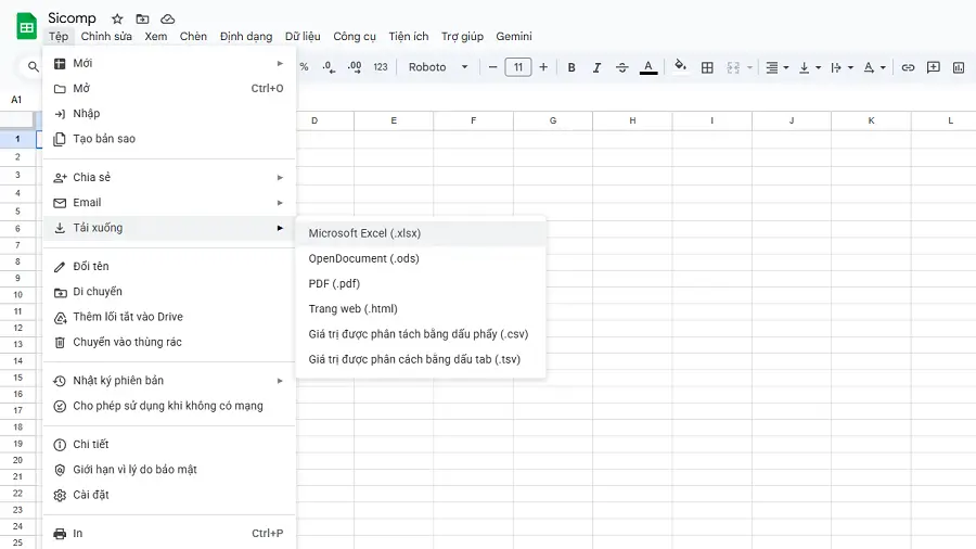 Tải xuống file Google Sheets định dạng Excel
