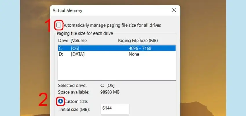 Bỏ tích tự động quản lý RAM ảo