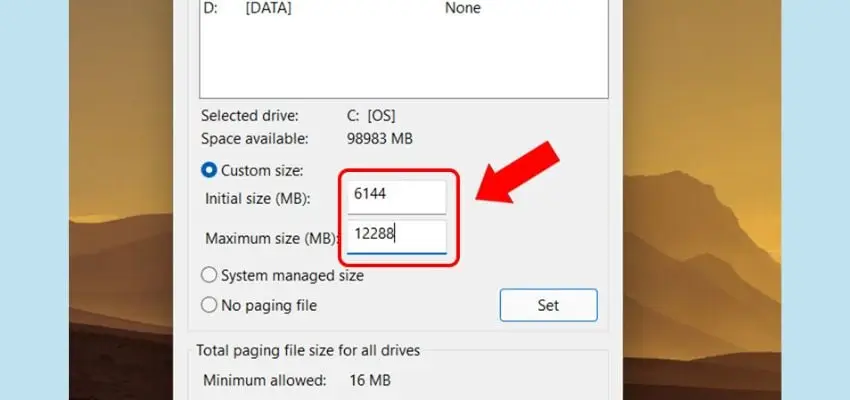 Nhập thông số RAM ảo