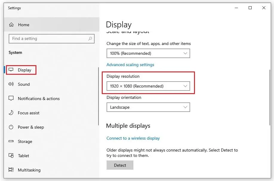 Tìm mục Display resolution