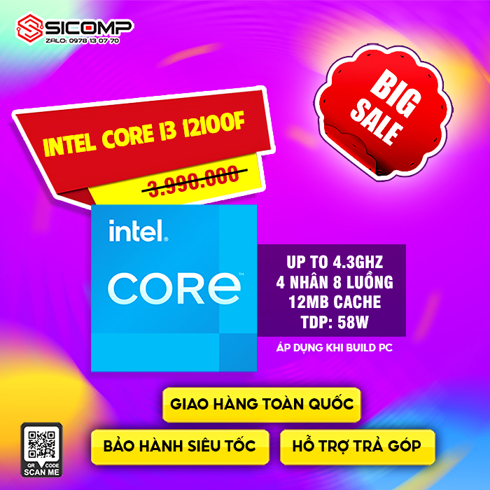CPU INTEL CORE™ I3-12100F TRAY KHÔNG FAN (UP TO 4.30 GHz, 4 NHÂN 8 LUỒNG,12MB CACHE, SOCKET 1700), Picture 1