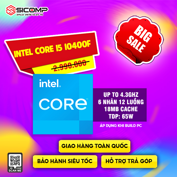 CPU INTEL CORE I5-10400F (UP TO 4.3GHZ, 6 NHÂN 12 LUỒNG, 12MB CACHE, 65W) – SOCKET INTEL LGA 1200, Picture 1