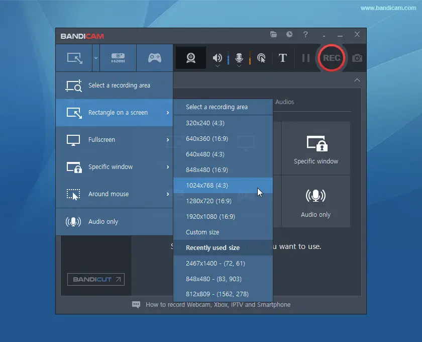 Chọn chế độ quay Bandicam