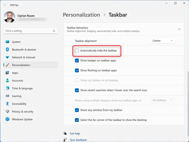 Tự động ẩn Taskbar Windows 11