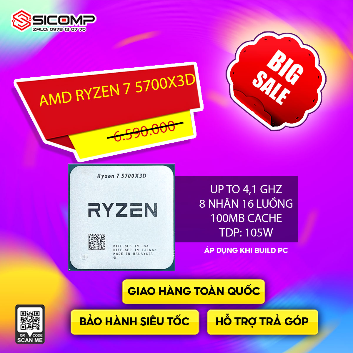 Picture of CPU AMD RYZEN 7 5700X3D TRAY (3.0GHZ BOOTS 4.1GHz / 8 NHÂN 16 LUỒNG / 100MB / AM4)