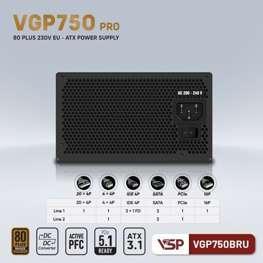 NGUỒN VSP VGP750BRU PRO (750W/ 80 PLUS BRONZE/ ATX 3.1/ ĐEN) (DC TO DC), Picture 3